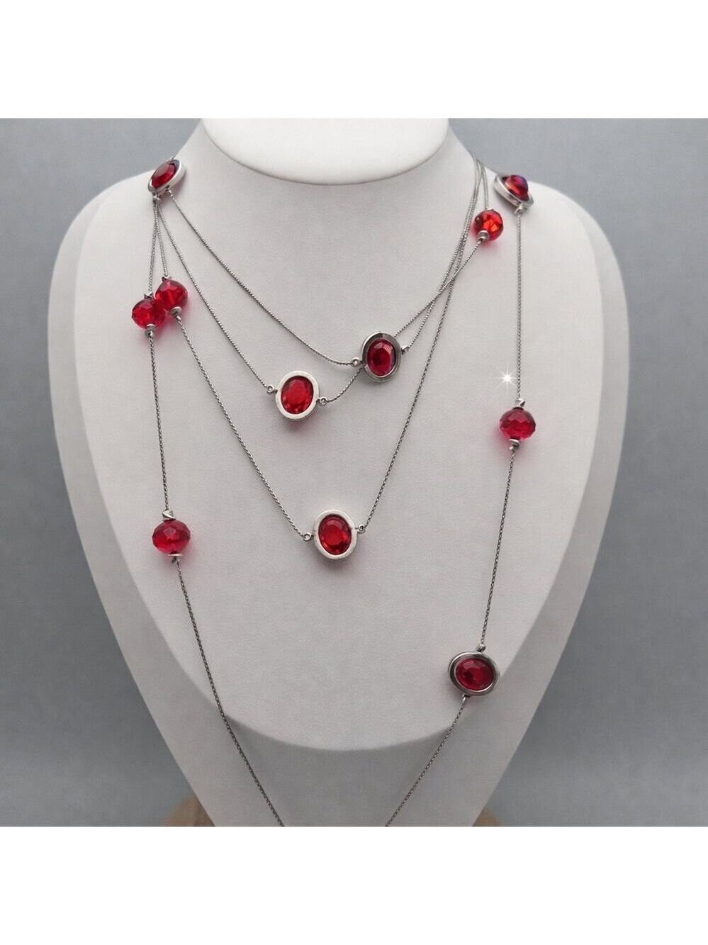 ✨2/$10✨ Bohemian Red Faceted Bead Necklace Double Strand Silver Tone
